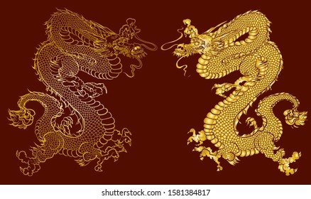 Gold dragon on red background.Chinese dragon tattoo.Japanese old dragon for tattoo. Illustration of Traditional chinese Dragon .Symbol of power