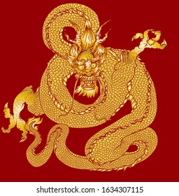 Gold dragon on red background.Chinese dragon tattoo.Lucky animal for Chinese new year.Illustration of Traditional chinese Dragon 