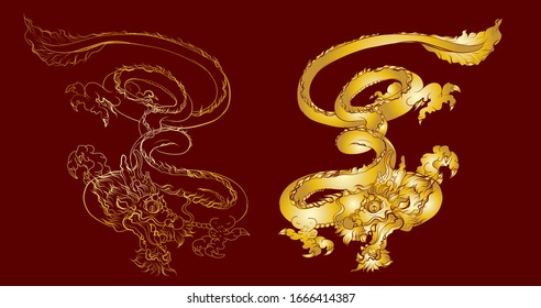 Gold dragon on red background.Chinese dragon tattoo.Lucky animal for Chinese new year.