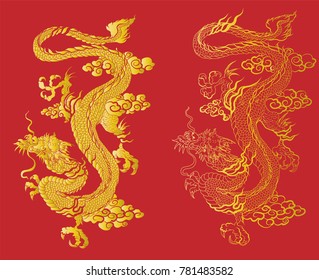 Gold dragon on red background.Chinese dragon tattoo.