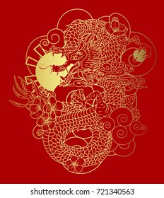 Gold Dragon roaring with peony flower,Lotus and cherry blossom on cloud background.Traditional Japanese culture for printing and coloring book on background.