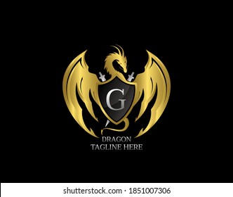 Gold Dragon Shield with G Letter Design Logo Template.