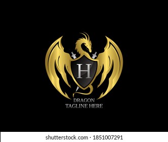 Gold Dragon Shield with H Letter Design Logo Template.