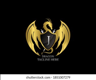 Gold Dragon Shield with J Letter Design Logo Template.