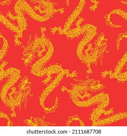 Gold dragon vector cartoon seamless pattern on a red background for wallpaper, wrapping, packing, and backdrop.