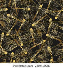 Gold dragonflies vector seamless pattern. Summer night.