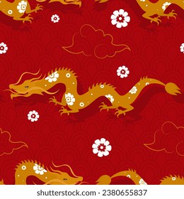 Gold dragons with clouds and flowers on a red background. Seamless vector pattern. Chinese style illustration.
