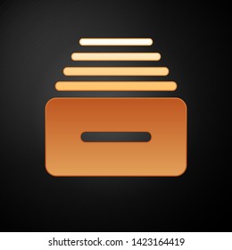 Gold Drawer with documents icon isolated on black background. Archive papers drawer. File Cabinet Drawer. Office furniture.  Vector Illustration