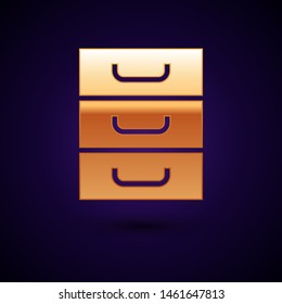 Gold Drawer with documents icon isolated on dark blue background. Archive papers drawer. File Cabinet Drawer. Office furniture.  Vector Illustration