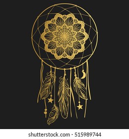 Gold dream catcher on black background. Hand drawn vector illustration.