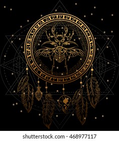 Gold dreamcatcher with the bug and feathers on the night sky stars background. Boho chic style.