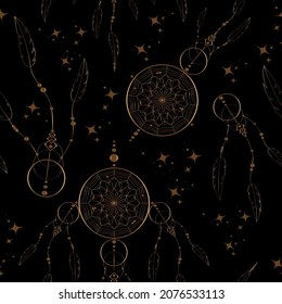 Dorado Dreamcatcher doodle sin fisuras, adorno de mandala y estrellas mágicas. Símbolo místico, arte étnico con diseño nativo americano de estilo boho indio, vector aislado en fondo negro