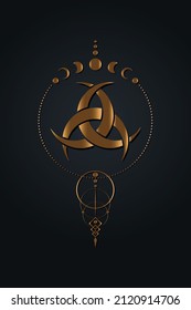 Gold dreamcatcher Moon Phases and Three Interlaced Crescents moon. Religion symbol, Odin icon. Golden luxury Celtic sacred flower Wiccan divination, tattoo tribal sign isolated on black background 