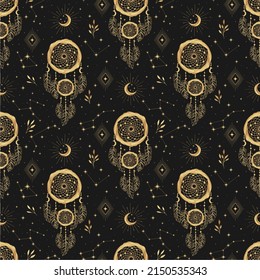 Gold dreamcatcher seamless pattern, crescents and magic stars. Mystic symbol, ethnic art.