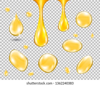 Gold drop of oil essence. Vector illustration isolated on transparent background. Shining droplet of serum, honey, collagen svg