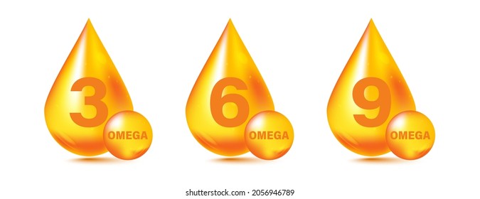 Gold drops Omega Three, Six And Nine. Polyunsaturated fatty Omega-3, Omega-6, Omega-9. Natural Fish, organic vitamin, Nutrient. Omega Fatty Acid, EPA, DHA. Vitamin drop pill capsule for eco bio themes