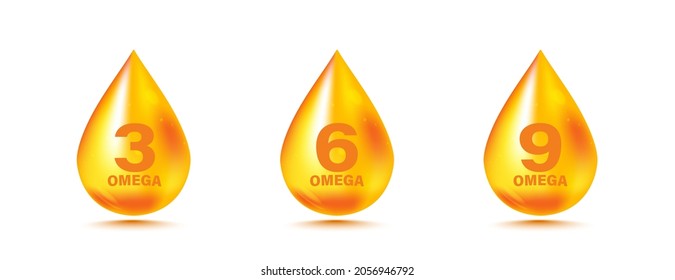 Gold drops Omega Three, Six And Nine. Polyunsaturated fatty Omega-3, Omega-6, Omega-9. Natural Fish, organic vitamin, Nutrient. Omega Fatty Acid, EPA, DHA. Vitamin drop pill capsule for eco bio themes