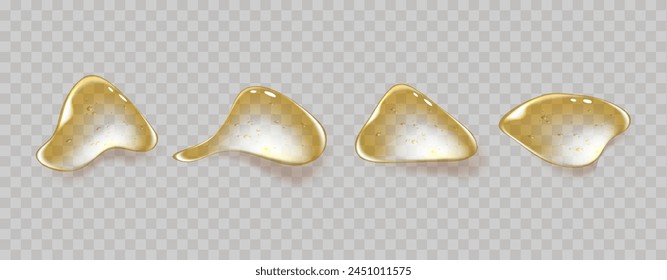  Gold Drops of transparent oil and gel texture. Swatches  of cosmetic serum with bubbles. Set of liquid cosmetic droplets, including glycerin and shampoo.