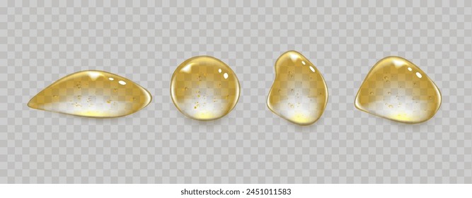  Gotas de oro de aceite transparente y textura de gel. Muestras de suero cosmético con burbujas. Conjunto de gotas cosméticas líquidas, incluyendo glicerina y champú.