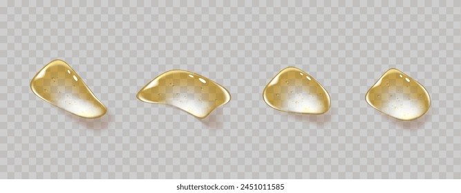  Gold Drops of transparent oil and gel texture. Swatches  of cosmetic serum with bubbles. Set of liquid cosmetic droplets, including glycerin and shampoo.