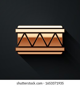 Gold Drum icon isolated on black background. Music sign. Musical instrument symbol. Long shadow style. Vector Illustration