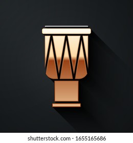 Gold Drum icon isolated on black background. Music sign. Musical instrument symbol. Long shadow style. Vector Illustration