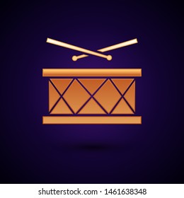 Gold Drum with drum sticks icon isolated on dark blue background. Music sign. Musical instrument symbol.  Vector Illustration