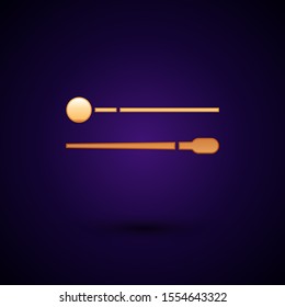 Gold Drum sticks icon isolated on dark blue background. Musical instrument.  Vector Illustration