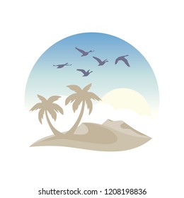 Gold dune with palms and birds, abstract logo icon