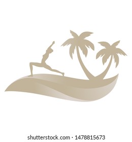 gold dune with palms and woman practicing yoga, vector logo icon 