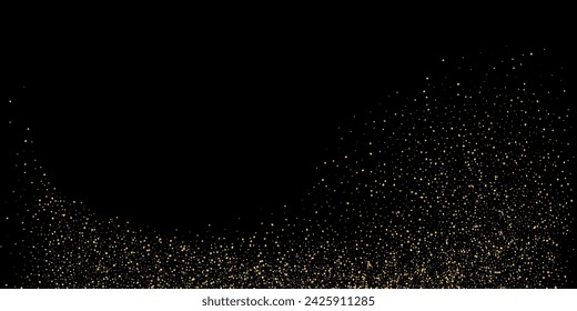 Gold dust. Confetti with gold glitter on a black background. Shiny scattered sand particles. Decorative elements. Luxury background for your design, cards, invitations. Vector