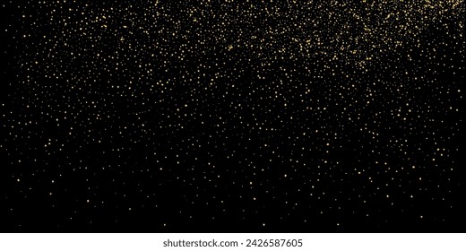 Gold dust. Confetti with gold glitter on a black background. Shiny scattered sand particles. Decorative elements. Luxury background for your design, cards, invitations. Vector