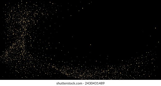 Gold dust. Confetti with gold glitter on a black background. Shiny scattered sand particles. Decorative elements. Luxury background for your design, cards, invitations. Vector