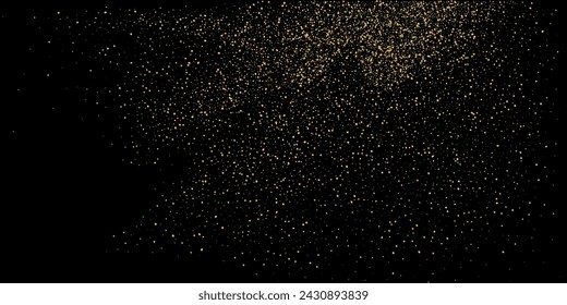 Gold dust. Confetti with gold glitter on a black background. Shiny scattered sand particles. Decorative elements. Luxury background for your design, cards, invitations. Vector