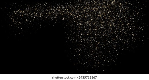 Gold dust. Confetti with gold glitter on a black background. Shiny scattered sand particles. Decorative elements. Luxury background for your design, cards, invitations. Vector