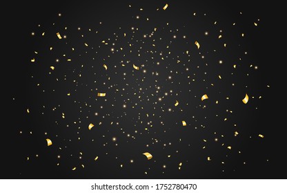 Gold dust with confetti. Glowing particles on black backdrop. Bright golden powder. Christmas bokeh lights. Luxury decoration for card, banner, anniversary. Vector illustration.