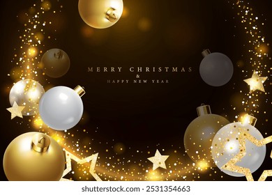 gold dust curve glowing lines and christmas symbols decorative merry christmas and happy new year celebration background and greeting card vector illustration.