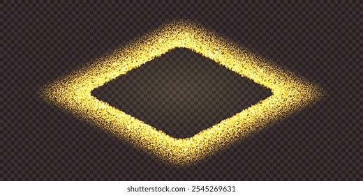 Moldura em forma de diamante pó de ouro. Espirrado brilho dourado como um losango para prêmio bg. Areia estrelada glitz pulverizada em forma redonda com espaço vazio no interior. Ilustração vetorial com efeito de sobreposição