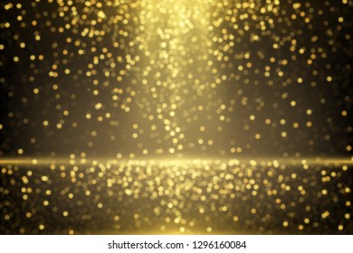 Gold dust effect. Defocused glitters. Glowing golden particles. Abstract sparkling background.