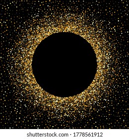 Gold Dust Falling Black Background. Vector Sequin Invitation. Golden Circle Anniversary Design. Glow Shiny Card.