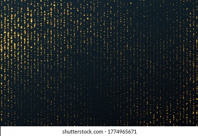 Gold dust falling flying sparkling confetti dots of vertical lines on a black background. Festive lights, golden garlands, tinsel decoration. Christmas  Vector illustration EPS10