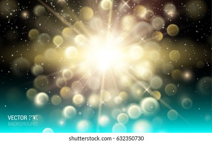 Gold dust firework explosion. Abstract Holiday Light Rays. Effect Realistic Design Elements. Vector Illustration Modern Blue Background.