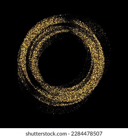 Gold dust in the form of a circle, a frame on a black background, an element of the festive design of the template for brochures, posters