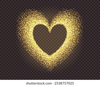 Gold dust glamorous heart shape frame with overlay effect and transparency. Glitz starry sand sprayed with empty space inside. Vector illustration