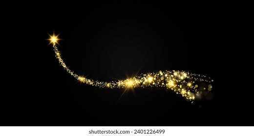 Gold dust glittering with sparkling particles. A beautiful shining star with a dusty tail. Festive background. Vector illustration