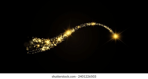 Gold dust glittering with sparkling particles. A beautiful shining star with a dusty tail. Festive background. Vector illustration