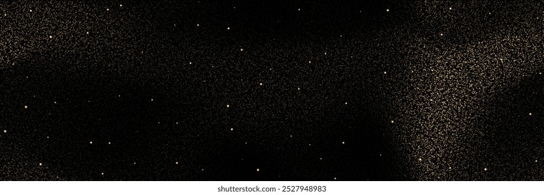 Gold dust glowing seamless pattern. Dark night starry sky bg. Holiday sparkling luxury background. Vector illustration with overlay effect of shimmering powder