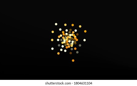 Gold Dust Holiday Black Background. Luxury Shine Wallpaper. Yellow Round Light Card. Polka Festive Invitation.
