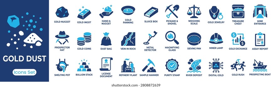 Gold dust icon set. Containing gold nugget, gold ingot, weighing scale, metal detector, purity stamp and more. Solid vector icons collection