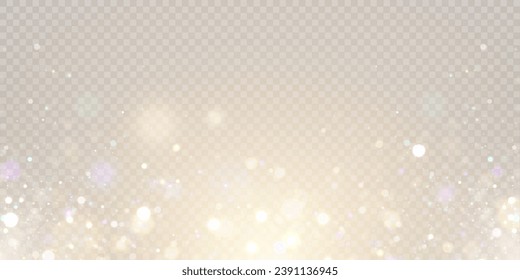 Gold dust light bokeh. Christmas glowing bokeh and glitter overlay texture for your design on a transparent background. Golden particles abstract vector background.	